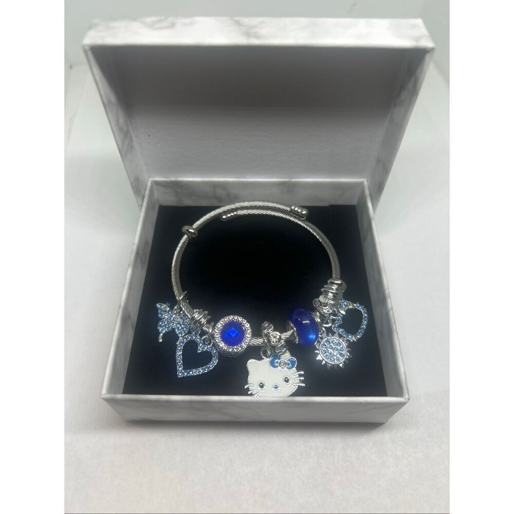 NEW Hello Kitty Charm Bracelet Blue Rhinestone Silver Tone Cable Bangle
